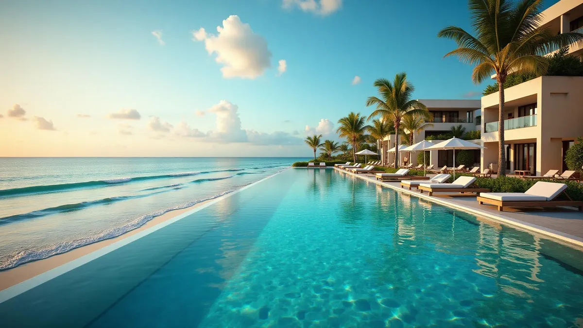 Palm-lined beach resort at dusk, Indian Ocean