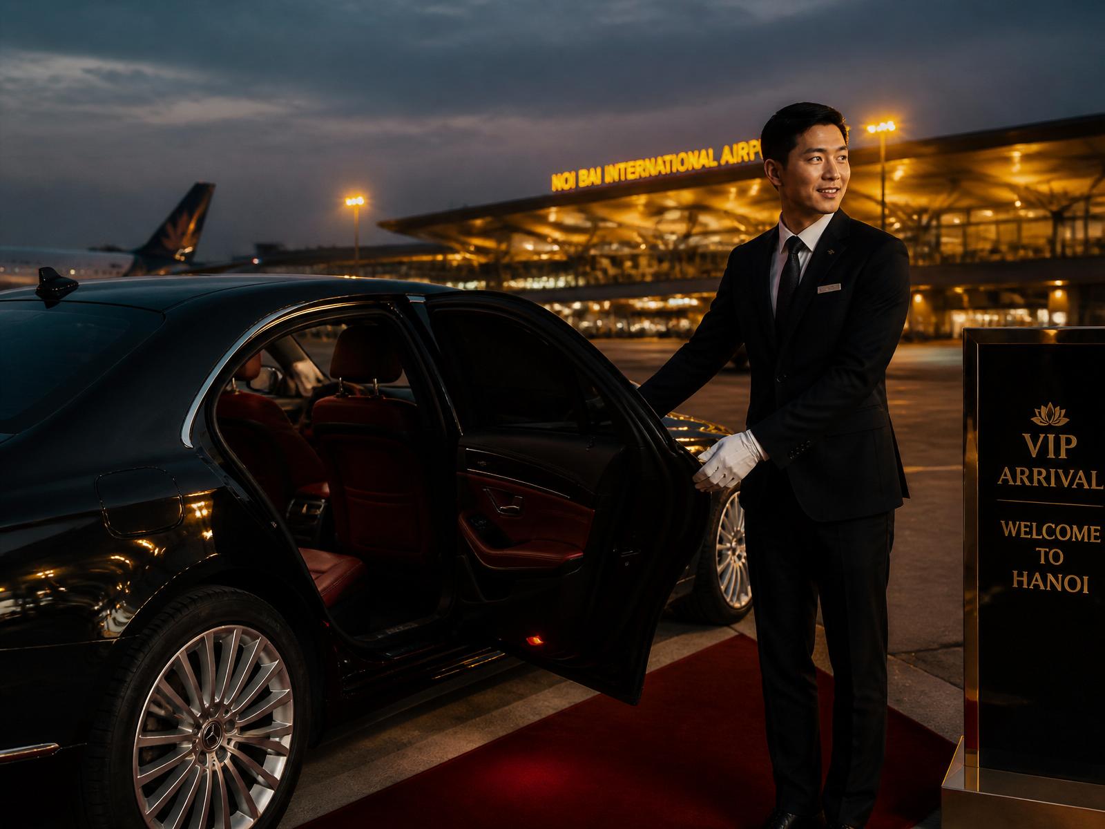 A chauffeur opening a black sedan door on a red arrival carpet at Noi Bai International Airport at dusk