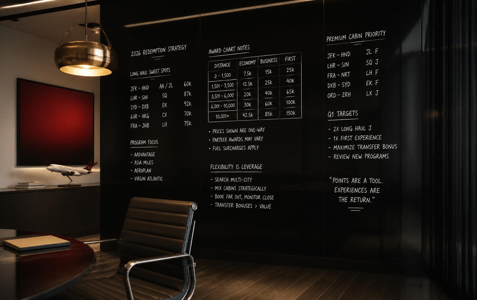 A dark glass wall covered in handwritten redemption routes, award chart notes, and premium cabin priorities under a brass pendant