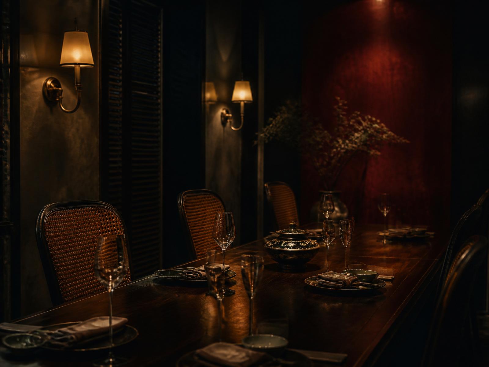A private Hanoi dining room, dark timber, rattan chairs, aged brass sconces, lacquer-red accent wall