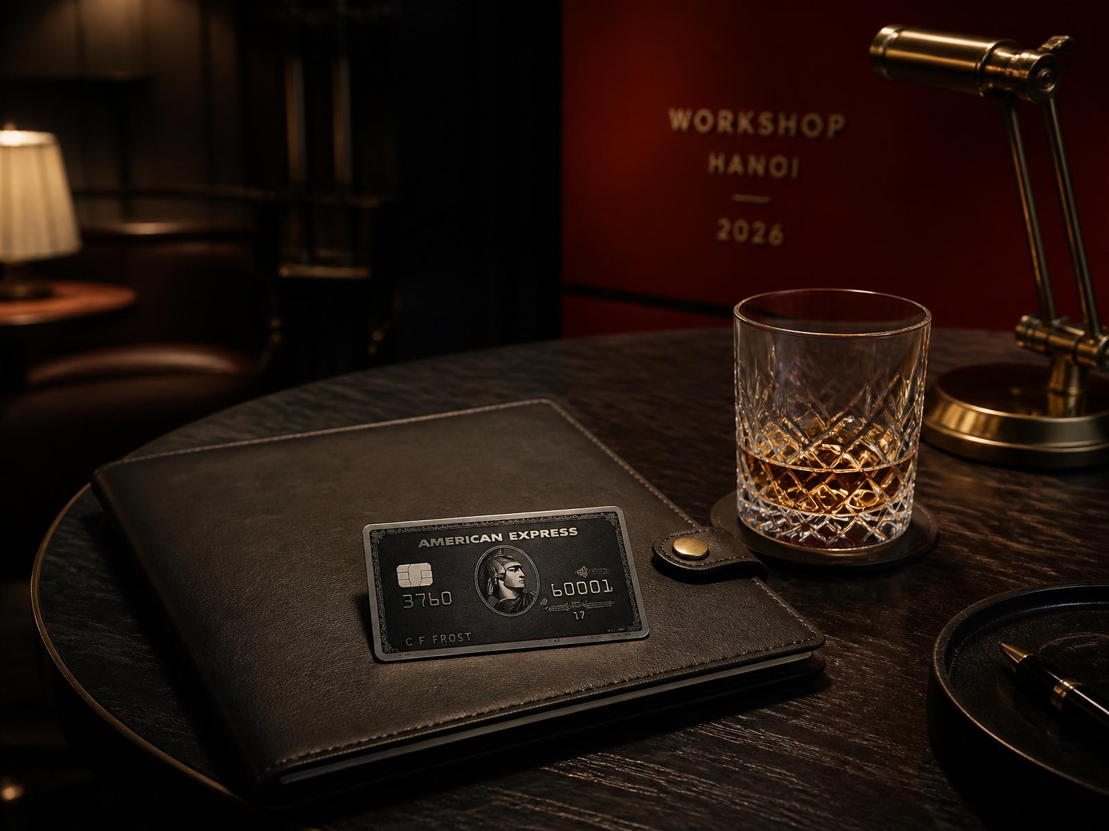 An American Express Centurion card on a leather folio beside a whisky glass in a dimly lit Hanoi workshop