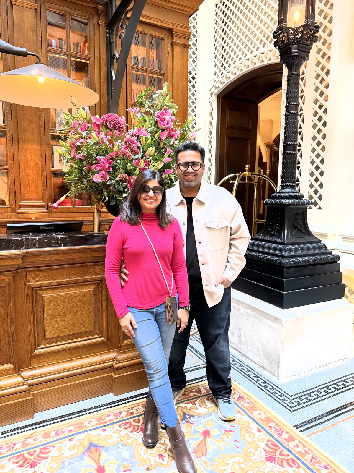 Aadil and Saniya in the lobby at Raffles London at The OWO