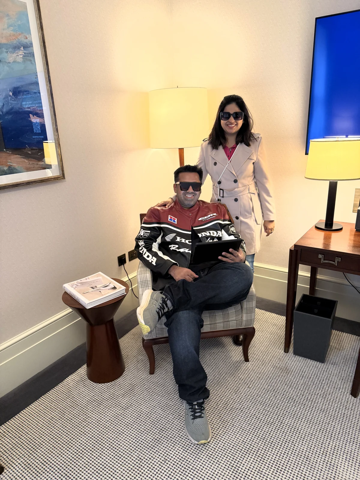 Aadil and Saniya in their room at Raffles London at The OWO