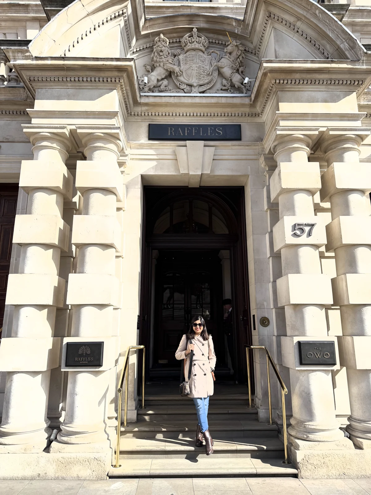 Saniya at the Whitehall entrance of Raffles London at The OWO